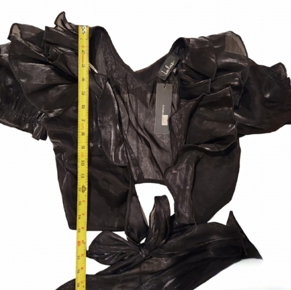 Lulu's Master of Style Black Puff Sleeve Cropped Wrap Top XS Bow Sheer Goth - Picture 12 of 14